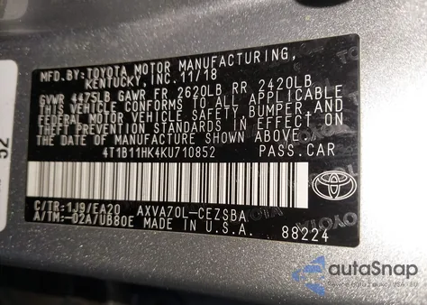 2019 Toyota Camry Se из США, поврежденный, VIN 4T1B11HK4KU710852